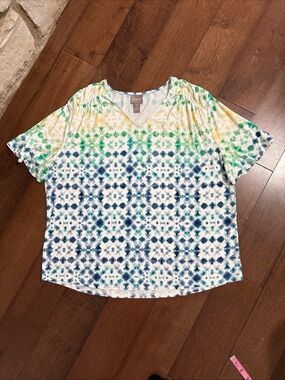 Chicos Diffused Ombre Ruched Short Sleeve Tee Womens 3 XL Stretchy Knit V-Neck